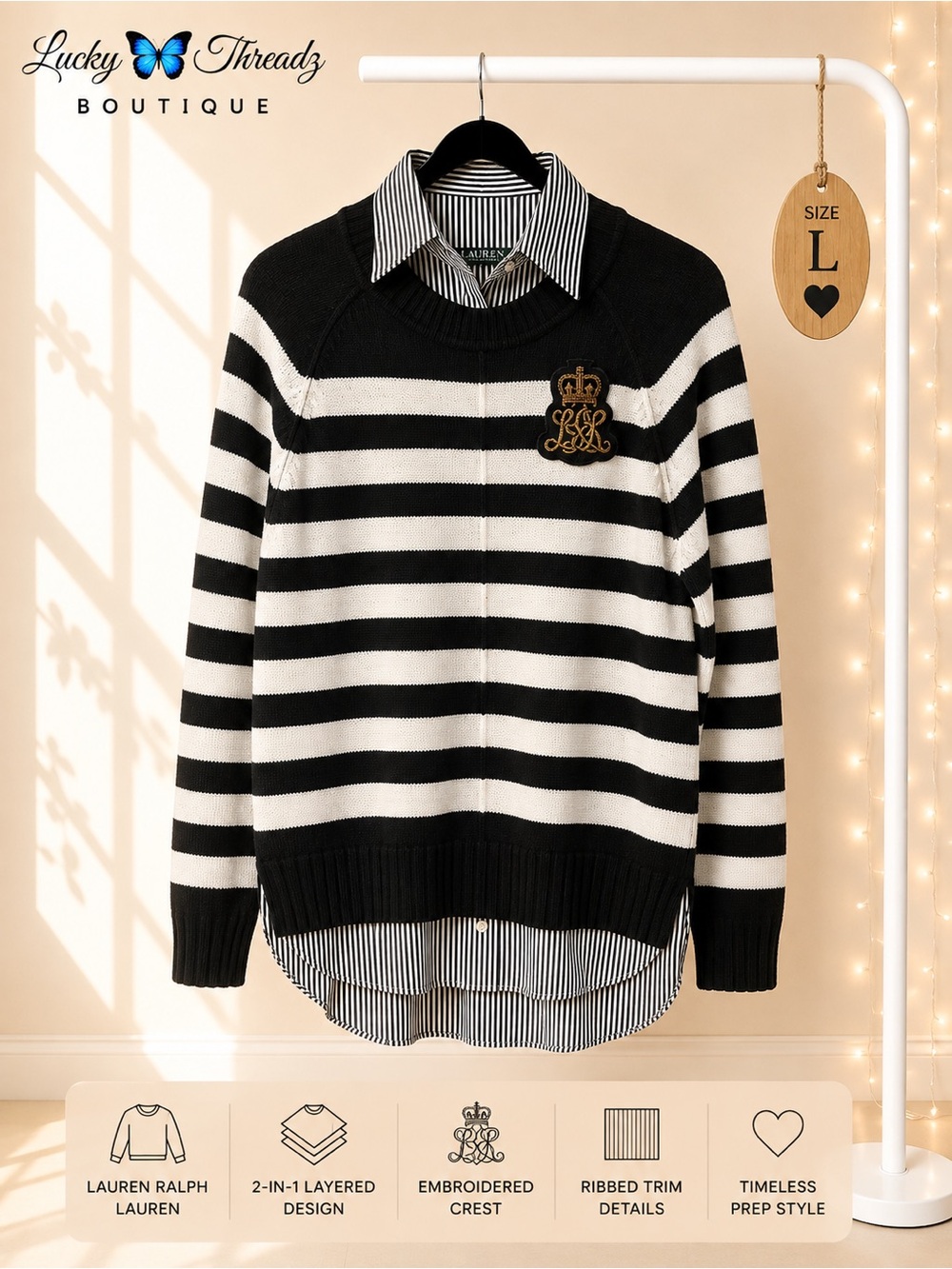 Lauren Ralph Lauren Black & White Striped Crewneck 2-in-1 Design Sweater - L